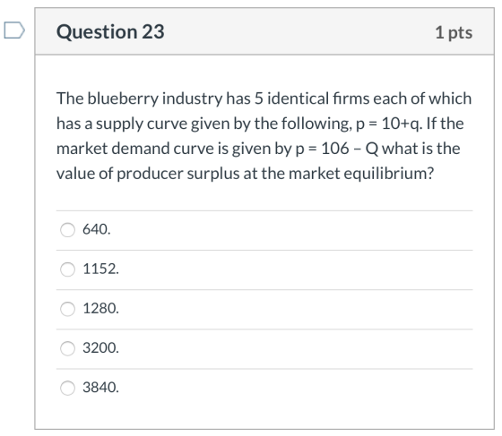 Question 23 1 pts The blueberry industry has 5 identical firms each of which has a supply curve given by the following, p = 1