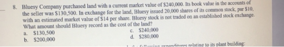 8. Bluesy Company purchased land with a current market value of s240,000. Its book value in the accounts of the seller was $130,500. In exchange with an estimated market value of $14 per share. Bluesy stock is not traded on an established stock exchange. What amount should Bluesy record as the cost of the land? a. $130,500 b. $200,000 for the land, Bluesy issued 20,000 shares of its common stock, par $10, c. $240,000 d. $280,000 vnanAihme relating to its DIant building: c- -.. ..