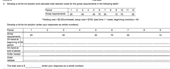 3. Develop a lot-for-lot solution and calculate total relevant costs for the gross requirements in the following table Period 1 2 3 4 5 6 789 10 12 Gross requirements20 40 40 70 30 10 70 50 Holding cost- $3.50/unit/week; setup cost $150; lead time 1 week; beginning inventory 40 Develop a lot-for-lot solution (enter your responses as whole numbers) Period Gross 3 4 5 6 9 20 40 40 70 30 10 uirements On-hand at beginning of On-hand at end of period Order receipt Order release The total cost is $ (enter your response as a whole number)