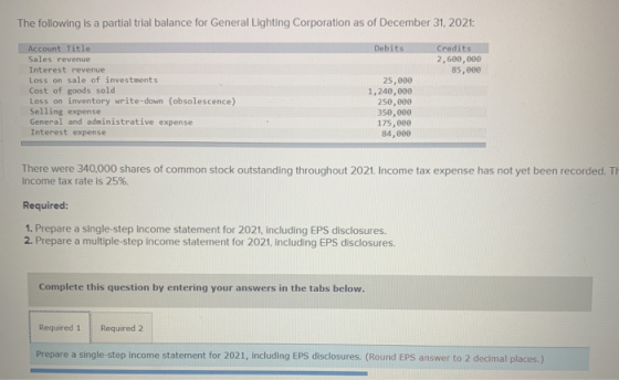 The following is a partial trial balance for General Lighting Corporation as of December 31, 2021: Debits Credits 2,600,000 8