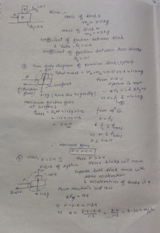 o le Griven :- force) 1.39 (force due to your mass of block B le-012 my-0.5kg mass of block A ma=0.8kg coefficient of frictio