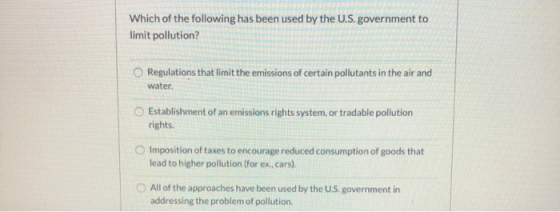 Which of the following has been used by the U.S. government to limit pollution? Regulations that limit the emissions of certa