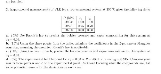 are justified. 2. Experimental measurements of VLE for a two-component system at 100°C gives the following data: * = 0.30 P (