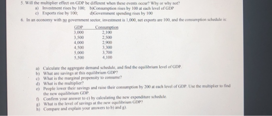 5. Will the multiplier effect on GDP be different when these events occur? Why or why not? a) Investment rises by 100; c) Exports rise by 100, b)Consumption rises by 100 at each level of GDP d)Government spending rises by 100 6. In an economy with no government sector, investment is 1,000, net exports are 100, and the consumption schedule is 3,000 3,500 4,000 4,500 5,000 5,500 2,100 2,500 2,900 3,300 3,700 4,100 Calculate the aggregate demand schedule, and find the equilibrium level of GDP. b) What are savings at this equilibrium GDP? c) What is the marginal propensity to consume? d) What is the multiplier? e) People lower their savings and raise their consumption by 200 at each level of GDP. Use the multiplier to find a) the new equilibrium GDP t) Confirm your answer to e) by calculating the new expenditure schedule. g) What is the level of savings at the new equilibrium GDP? h) Compare and explain your answers to b) and g).