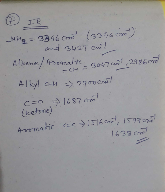 IR _MH2 = 33 46com (3346 cm!) and 3427 cut Alkene / Aromatic 3047 and 2986 com - CH = 30.47an, 2986.com . Alkyl ch 72900cm c=