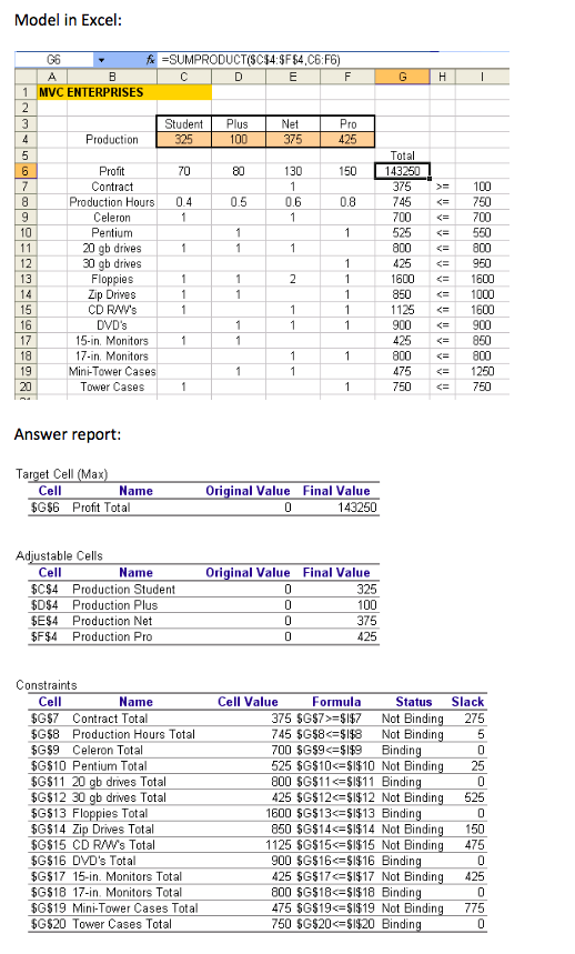 Model in Excel: G6 - A =SUMPRODUCT($C$4:$F$4,06:56) A B C D E F 1 MVC ENTERPRISES G H I Student 325 Plus 100 Net 375 Pro 425