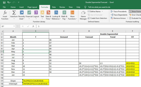 ESSE Double Exponential Forecast - Excel File Home Insert Page Layout Formulas Data Review View Help Tell me what you want to
