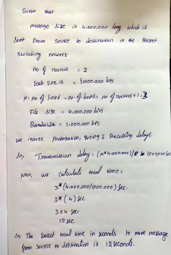 Given that WOCOWWWWWWWOOCONDO mesage size : 4,000,000 long which is sent from source to destination in the Packet switching n