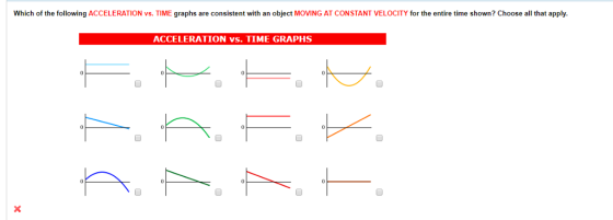 Which of the following ACCELERATION vs. TIME graphs are consistent with an object MOVING AT CONSTANT VELOCITY for the entire time shown? Choose all that apply ACCELERATION vs. TIME GRAPHS