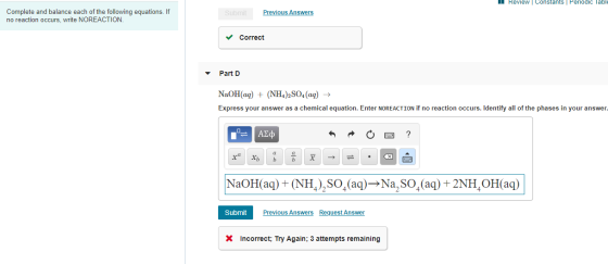 1 Review Constants Periodic lable Complete and balance each of the following equations. If no reaction occurs, write NOREACTI