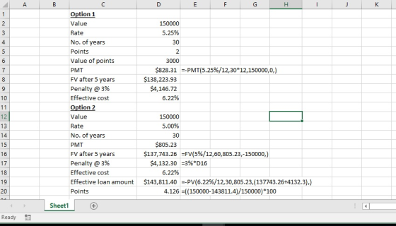 Option 1 Value Rate No. of years Points Value of points PMT FV after 5 years Penalty @ 3% Effective cost Option 2 Value Rate