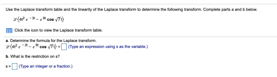 Use the Laplace transform table and the linearity of the Laplace transform to determine the following transform. Complete par