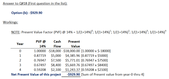 Answer to Q#18 (First question in the list): Option-(b): -$929.90 Workings: NOTE: Present Value Factor (PVF) @ 14% = 1/(1+14%