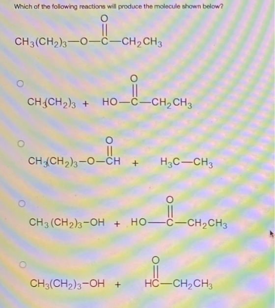 Which of the following reactions will produce the molecule shown below? CH3(CH2)3–0–—CH, CH3 CHCH2)3 + HOẠC–CH2CH, CH2CH2)3-0