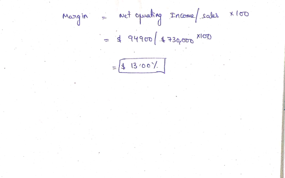 Margin = Net quating Income/ sales x 100 = $ 949001 4 730,000 XICO = 4 131007 |
