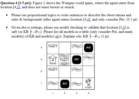 Ouestion 4 [1.5 ptsl: Figure 2 shows the Wumpus world game, where the agent starts from location [4.l], and does not sense breeze or stench. Please use propositional logics to write sentences to describe the observations and rules & backgrounds (after agent enters location [4.1], and only consider Pit) (0.5 pt) Given above settings, please use model checking to validate that location [3,1] is safe (or KP)Please list all models as a table (only consider Pit), and mark model(s) of KB and model(s) of o. Explain why KBP (1 pt) Breeze PIT PIT Breece PIT Breeze START 2