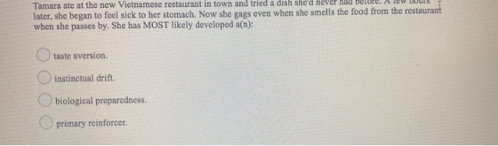 Tamara ate at the new Vietnamese restaurant in town and tried a dish shed never had later, she began to feel sick to her sto