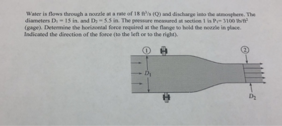 Water is flows through a nozzle at a rate of 18 ft/s (Q) and discharge into the atmosphere. The diameters Di 15 in. and D2- 5.5 in. The pressure measured at section 1 is P1-3100 1b/ft (gage). Determine the horizontal force required at the flange to hold the nozzle in place. Indicated the direction of the force (to the left or to the right). D2