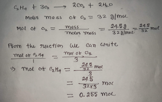 200 + ato SHA + 302 Molar mass of O₂ = 32 g/mol mass Mol of Oz = 24.59 molar mass 32 g/mol 24.5 mol - 32 from the reaction we
