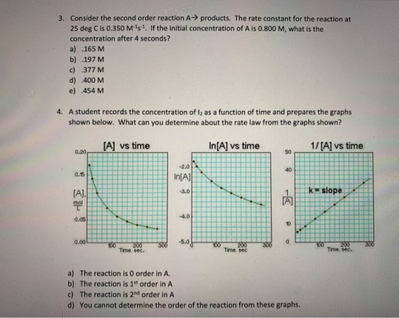3. Consider the second order reaction A → products. The rate constant for the reaction at 25 deg C is 0.350 Ms? If the initi