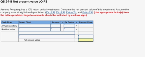 QS 24-8 Net present value LO P3 Assume Peng requires a 10% return on its investments. Compute the net present value of this i