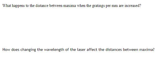 What happens to the distance between maxima when the gratings per mm are increased? How does changing the wavelength of the l