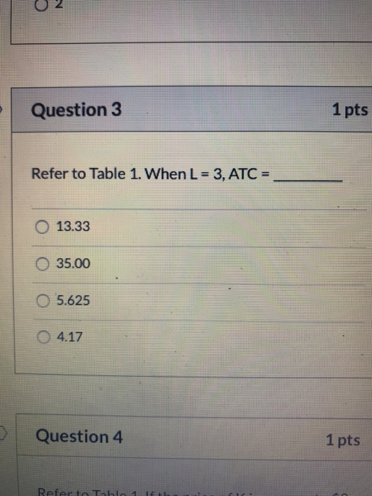 Question 3 1 pts Refer to Table 1. When L 3, ATC= O 13.33 O 35.00 O 5.625 O 4.17 Question 4 1 pts Refer to Tablo 1 1f th