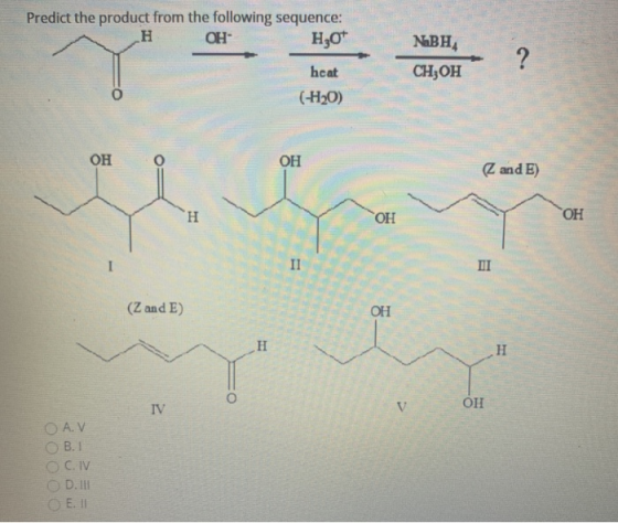 Predict the product from the following sequence: H OH H2O7 N.BH CH3OH ? heat (H20) OH OH and E) H OH OH II III (Z and E) OH H