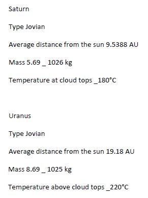 Saturn Type Jovian Average distance from the sun 9.5388 AU Mass 5.69_1026 kg Temperature at cloud tops_180°C Uranus Type Jovi