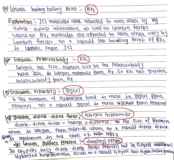 W lower boring boiling Point - @3 Explomelton - ]cl molecules are altracted to each otheel by by dipole - dipole interaction