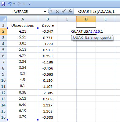 OX QUARTILE(A2:A16,]1 AVERAGE 1 ObservationsZ score 4.21 5.55 3.02 5.13 4.77 2.34 3.54 3.2 4.5 0.047 -QUARTILE(A2:A16,1 QUART
