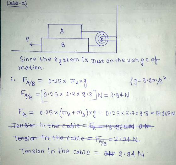 Case-a) A B verge of Since the system is Just on the ver motion. .. FA/B = 0.25% Maxg şg=9.8 m/s² 125 x 1•2 x gos ]N = 2.94N