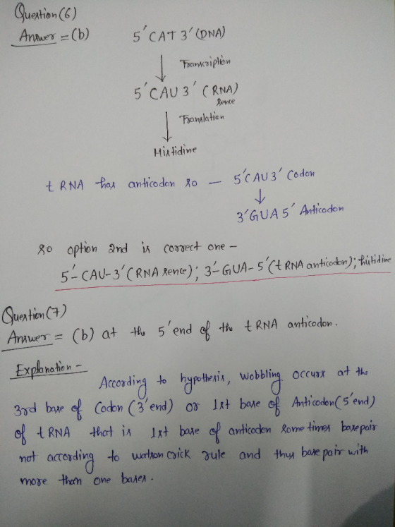 Question (6) Answer - (b) 5 CAT 3 (DNA) Transcription 5 CAU 3 CRNA) fonce Translation Histidine tRNA har anticodon 80 - Codo