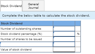 General Journal Stock Dividend Complete the below table to calculate the stock dividend. Stock Dividend Number of outstanding