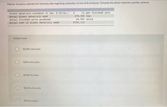 Fletcher Company collected the following data regarding production of one of its products. Compute the direct materials quant