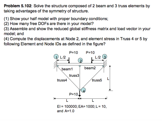 Problem 5.102: Solve the structure composed of 2 beam and 3 truss elements by taking advantages of the symmetry of structure. (1) Show your half model with proper boundary conditions; (2) How many free DOFs are there in your model? (3) Assemble and show the reduced global stiffness matrix and load vector in your model; and (4) Compute the displacements at Node 2, and element stress in Truss 4 or 5 by following Element and Node IDs as defined in the figure? P 10 P 10 L/2 L/2 3 m1 beam2 truss3 beam1 truss4 truss5 P-10 El 100000; EA-1000; L 10, and A-1.0