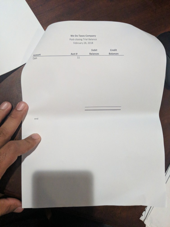 We Do Taxes Company Post-closing Trial Balance February 28, 2018 Debit Balances Credit Balances Account Acct # Cash end