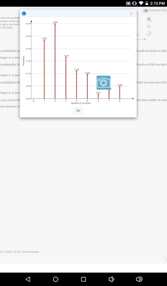 S 02:15 PM a Question Help e discrete probab umber of live bir had a live birth h (d) below A 0.30- 0.299 0.254 0.234 0.20- e
