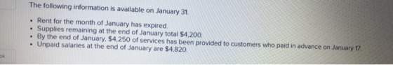 The following information is available on January 31, • Rent for the month of January has expired. Supplies remaining at the