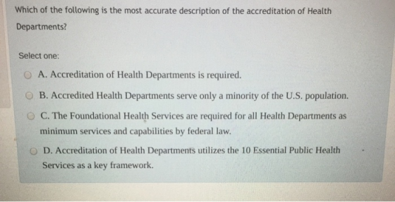 Which of the following is the most accurate description of the accreditation of Health Departments? Select one: O A. Accredit