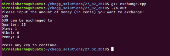 nirmalsharmagubuntu:-/HomeworkLib solutions/27_02_2018$ g++ exchange.cpp nirmalsharma@ubuntu:~/HomeworkLib_solutions/27_02_2018$ ./a.out