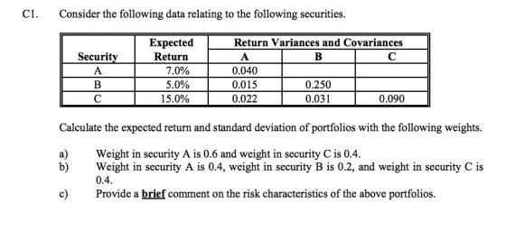 ci. Consider the following data relating to the following securities. Return Variances and Covariances Security Α. B TC Expec