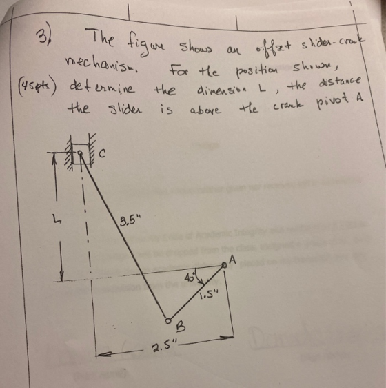 3) The figure shows an offset tigure shows an off&t slider-crack mechanism. For the position show shown, determine the dimens
