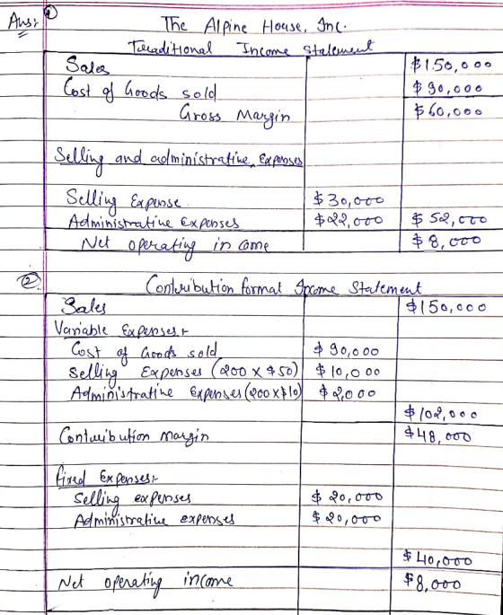 The Alpine House, Inc. - Traditional Income statement Sales Cost of Goods sold Gross Margin $150,000 | $ 90,000 $ 60,000 Sell