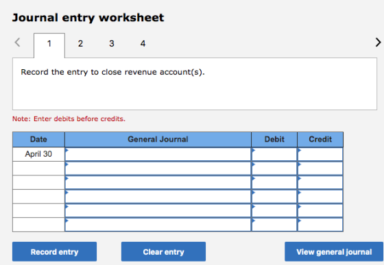 Journal entry worksheet < 1 2 3 4 Record the entry to close revenue account(s). Note: Enter debits before credits. General Jo