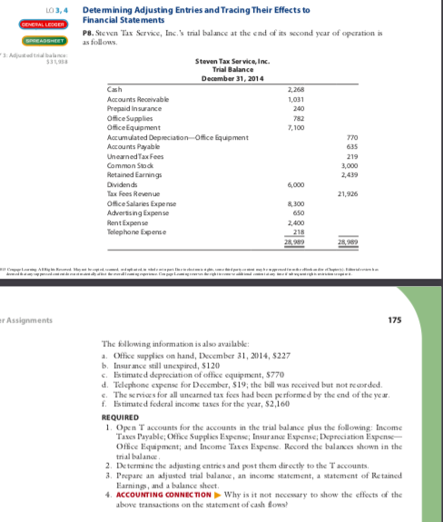 Detemining Adjusting Entries and Tracing Their Effects to Financial State ments LO 3, 4 GENERAL LEDGER P8. Steven Tax Service