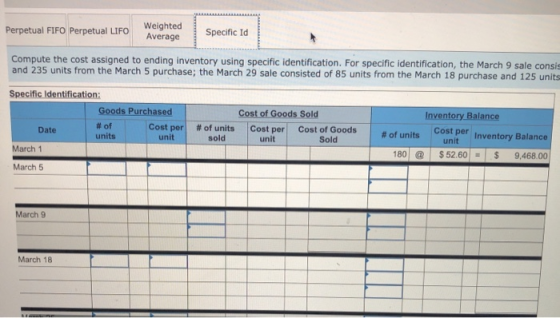 Weighted Perpetual FIFO Perpetual LIFO Average Specific Id Compute the cost assigned to ending inventory using specific ident