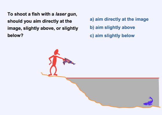 To shoot a fish with a laser gun, should you aim directly at the image, slightly above, or slightly below? a) aim directly at