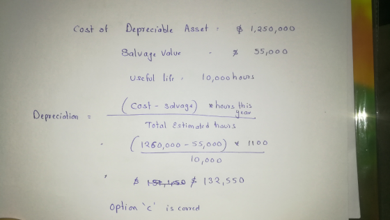 Costat Depreciable Asset: 1,250,000 Balvaje Value 55/o o o e ValUe Useful lif lo,ooo hous Cost-salvage) 关hous ,this Total estimated hou)s Depreciation 1260,000-55,000)丈1100 lo,ooo imc Cree