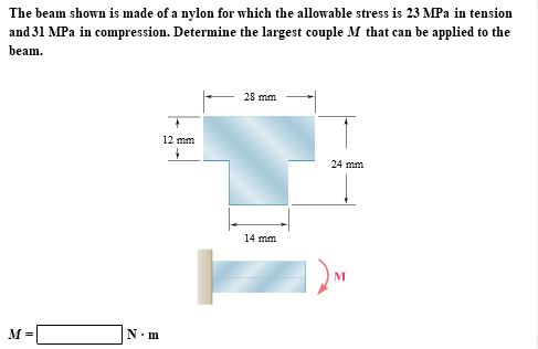 The beam shown is made of a nvlon for which the allowable stress is 23 MPa in tension and 31 MPa in compression. Determine the largest couple M that can be applied to the beam. 28mm- 12 mm 24 mm 14 mm N m